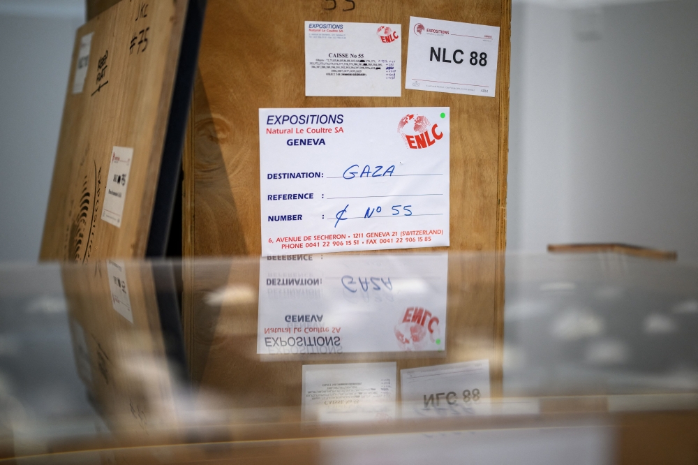 This photograph shows boxes of artefacts from Gaza Strip originally kept in a secure hangar in Geneva since 2007, during an exhibition on protection of cultural property in case of conflict entitled ‘Heritage in Peril’ at the Art and History Museum in Geneva October 3, 2024. — AFP pic