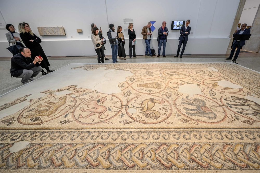 This photograph shows a mosaic pavement (Byzantine period, 579 AD) collected in 1997 from the site of a vanished Byzantine church in Deir-el-Balah in the Gaza Strip, displayed during an exhibition on the protection of cultural property in case of conflict entitled ‘Heritage in Peril’, at the Art and History Museum in Geneva October 3, 2024. — AFP pic