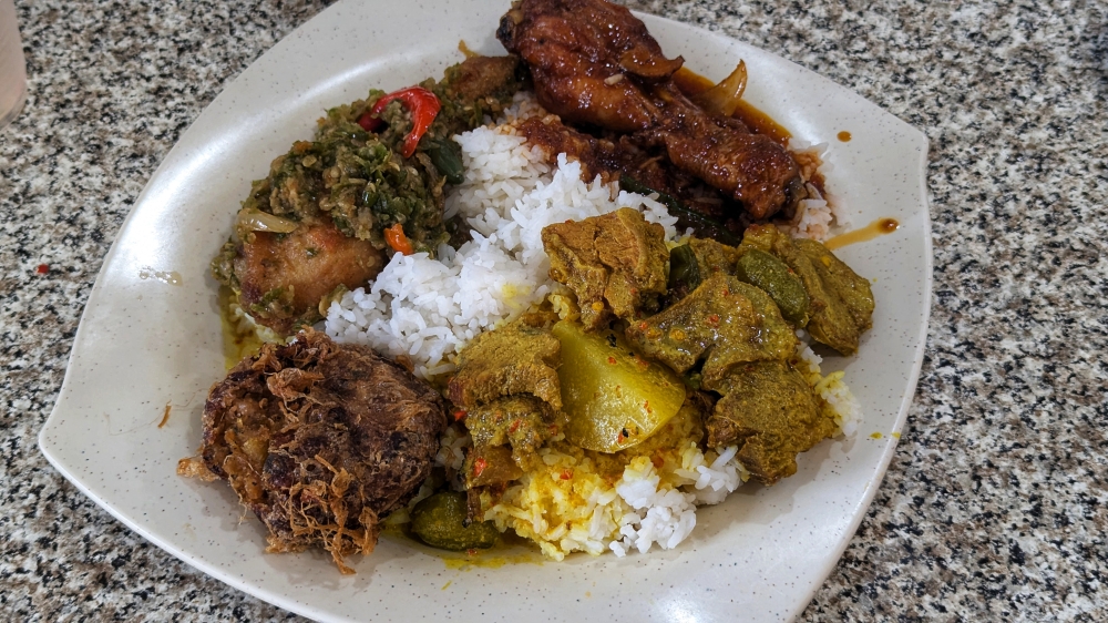 The selection of an oversized child, featuring ‘ayam berlado hijau’, ‘ayam masak merah’, ‘daging salai masak lemak’ and a ‘begedil’. — Picture by Ethan Lau