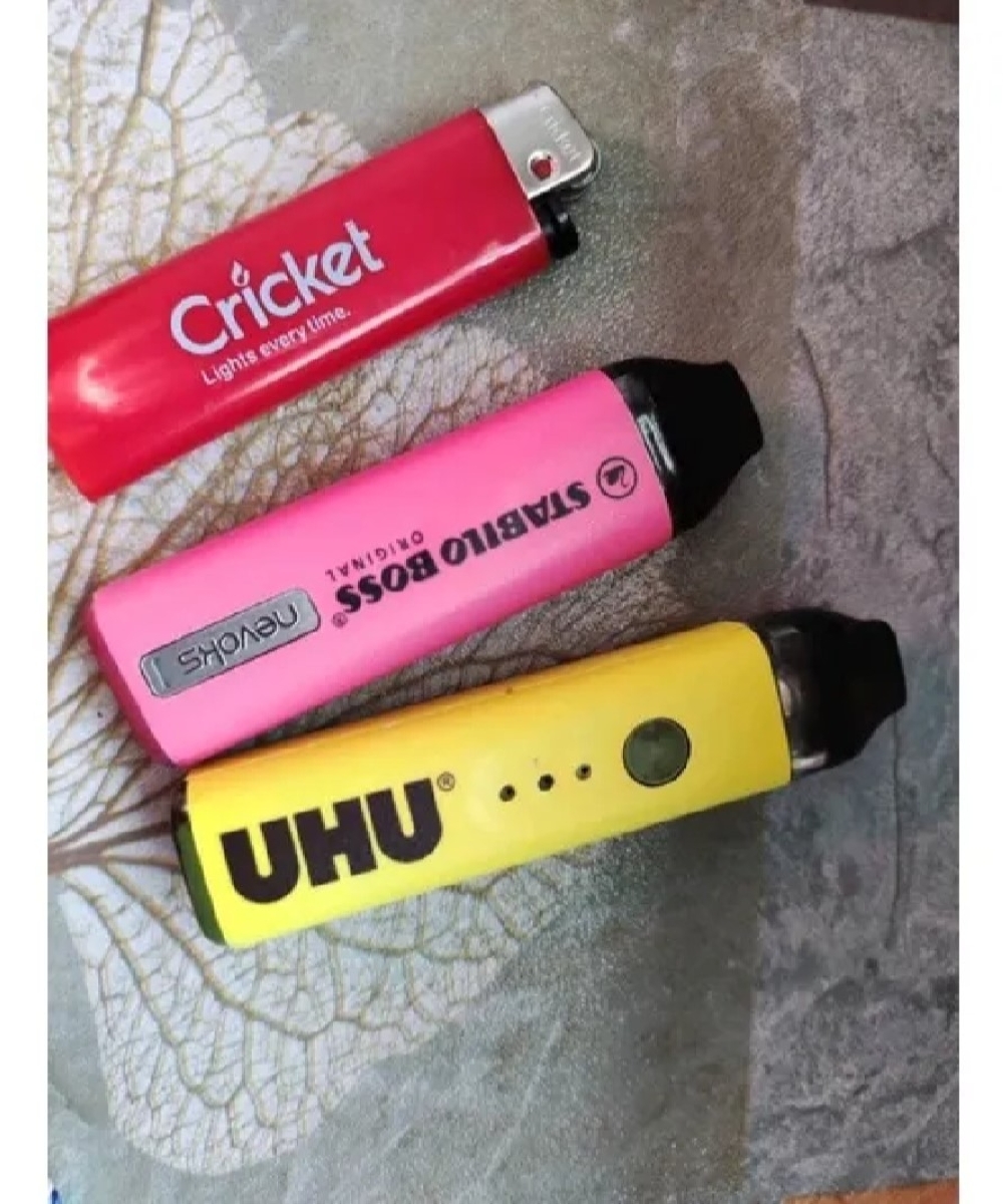 Vapes covered with labels imitating the skins on Stabilo and UHU glue sticks being sold on Lazada, advertised for its premium quality and long-lasting material. — Picture from Lazada