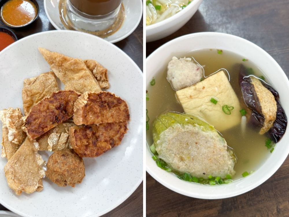 (Left) Stuffed brinjal and bitter gourd with fish paste is served with this silky smooth beancurd sourced from Ipoh. / (Right) 'Sar kot' is legit and deep fried upon order for a crunchy bite. — Pictures by Lee Khang Yi