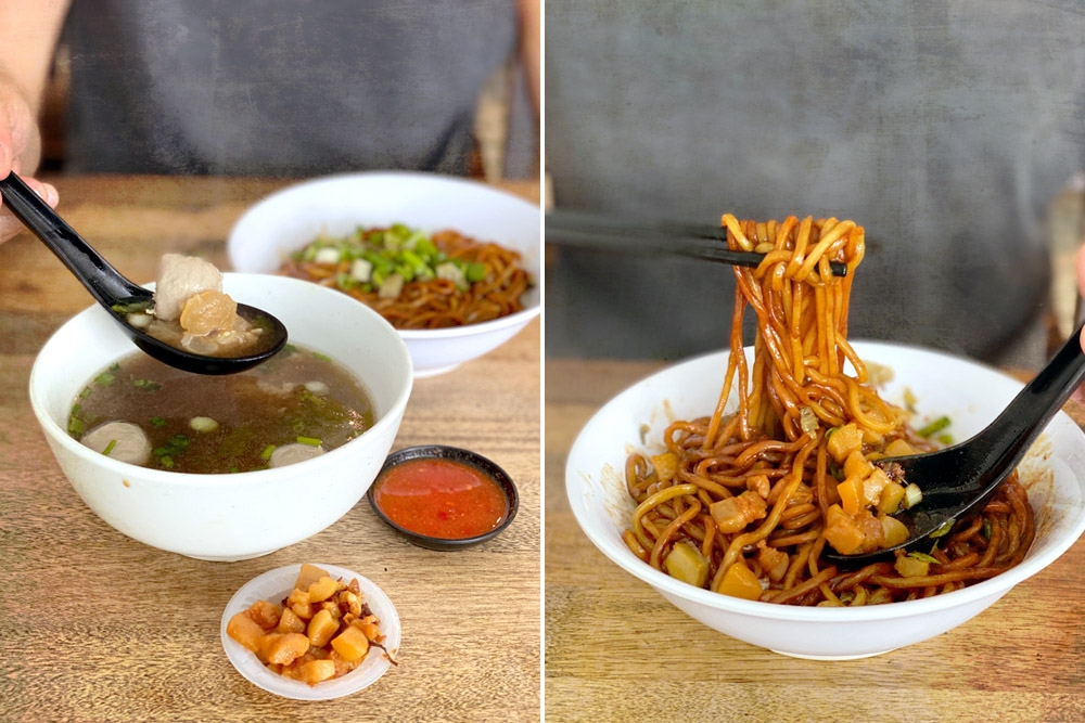 Tender beef tendon (left). Pork lard livens up the dry beef noodles (right). – Picture by CK Lim