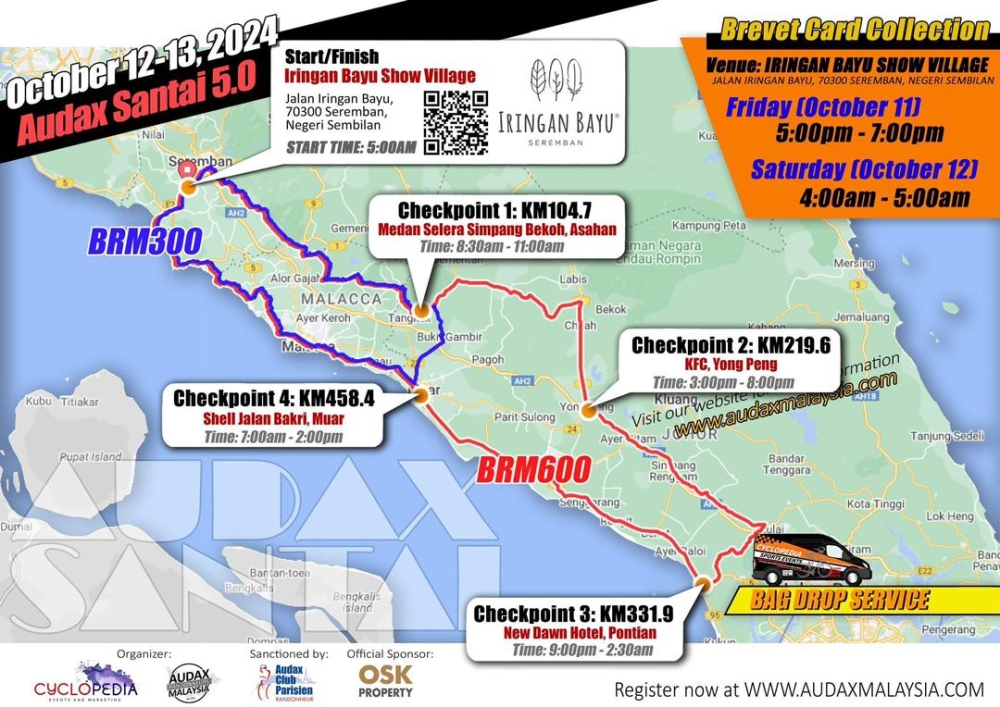 The route for this year’s Audax Randonneurs Malaysia 600km ride from Seremban to Johor and back from October 12 to 13, 2024. — Screencap from Audax Malaysia website