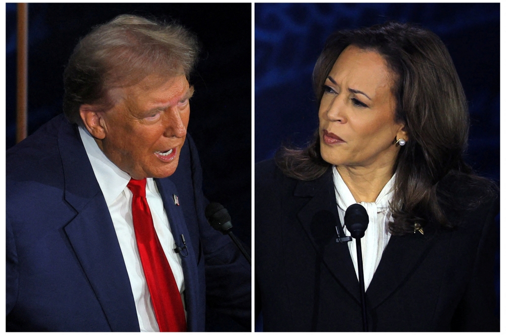 Republican presidential nominee, former US President Donald Trump and Democratic presidential nominee, US Vice President Kamala Harris take part in a presidential debate hosted by ABC in Philadelphia September 10, 2024 in a combination of file photographs. — Reuters pic