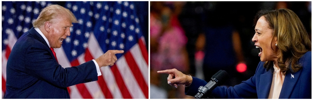 A combination picture shows Republican presidential nominee and former US President Donald Trump gesturing during a rally with his vice presidential running mate US Senator JD Vance in St. Cloud, Minnesota July 27, 2024, and US Vice President and Democratic presidential candidate Kamala Harris speaking as she holds a campaign rally with her newly chosen vice presidential running mate Minnesota Governor Tim Walz in Philadelphia, Pennsylvania August 6, 2024. — Reuters pic