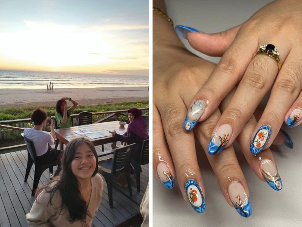 (From left) A composite photo showing Hani (bottom centre) who turned her nail art hobby into her gig work, and a sample of her nail designs on a client. — Picture courtesy of Hani