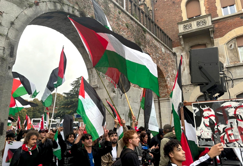 Pro-Palestinian demonstrators march to protest against Israel ahead of the UEFA Nations League, Ligue A Group A2 football match between Italy and Israel in Udine, on October 14, 2024. — AFP pic