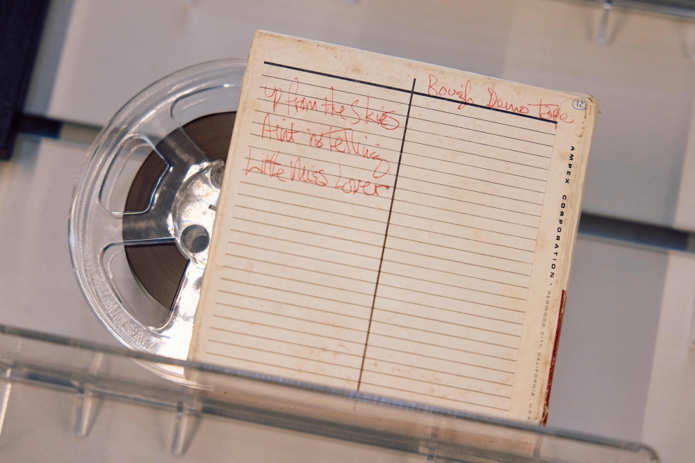 The master tape featuring four unreleased demo recordings and original box featuring handwritten titles by Jimi Hendrix, an item that will go under the hammer on November 15 during the Propstore auction, taken during a preview in central London October 1, 2024. — AFP pic