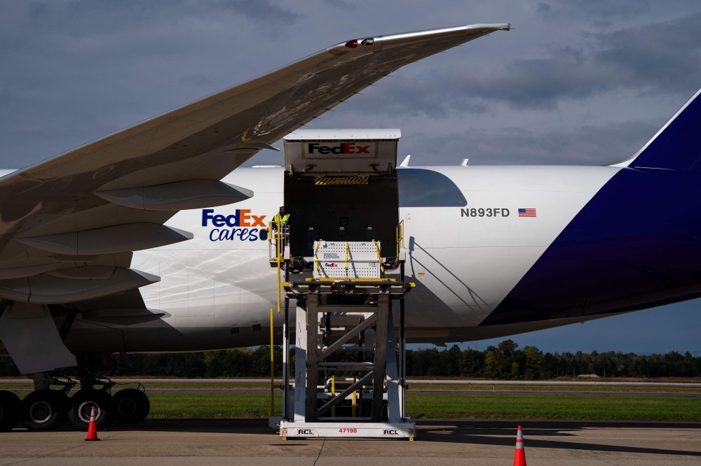 Bao Li and Qing Bao, are offloaded from a FedEx Boeing 777 plane from China at Dulles International Airport. — AFP