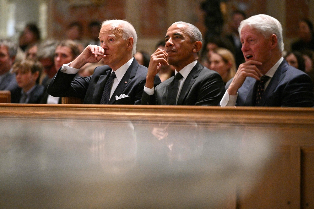 US President Joe Biden, former US President Barack Obama and former US President Bill Clinton attend a memorial service for Ethel Kennedy on October 16, 2024, at the Cathedral of St. Matthew the Apostle in Washington, DC. — AFP pic