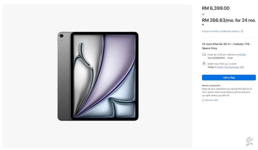 iPad Air 2024 listing on Apple Malaysia’s website – 13-inch model with 5G and 1TB storage, as captured at 11:30 AM today. — SoyaCincau