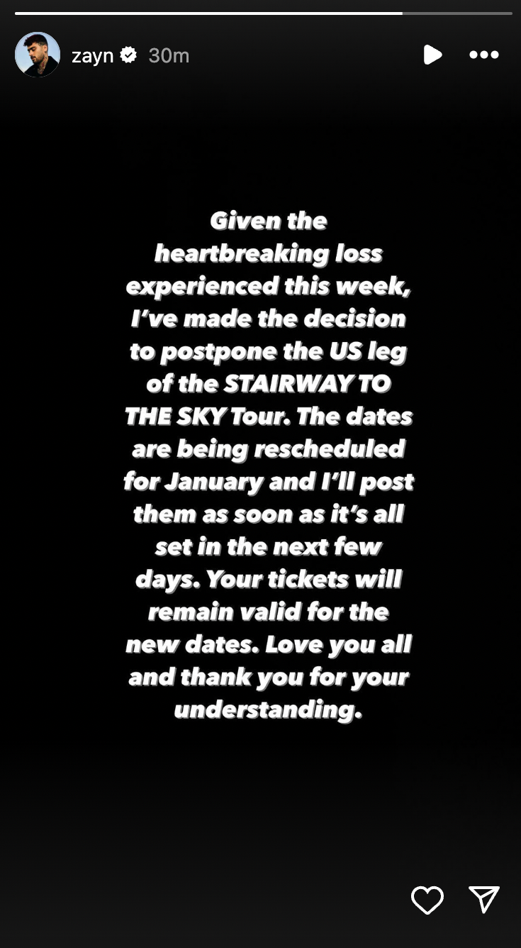 Zayn's explanation of the postponement. — Screenshot from Instagram/zayn