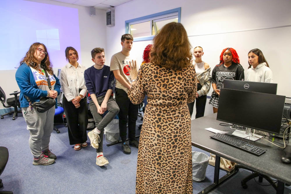 Irene McCormick, course director of the new Content Creation and Social Media course, interacts with her students at the South East Technological University (SETU) in Carlow, eastern Ireland on September 24, 2024. — AFP pic 