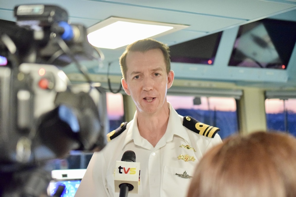 HMS Spey acting captain and executive officer Lt Cdr Chris White speaks to reporters. — The Borneo Post pic