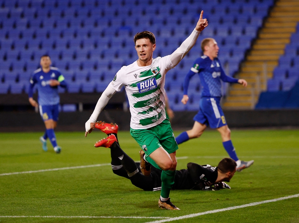 The New Saints’ Rory Holden celebrates scoring their first goal during the Europa Conference League with Astana in Shrewsbury October 24, 2024. — Action Images pic via Reuters/Jason Cairnduff