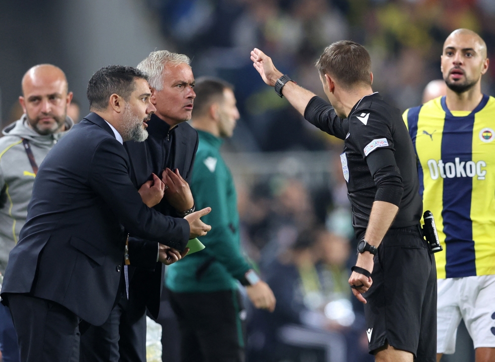 Fenerbahce coach Jose Mourinho reacts after being shown a red card by referee Clement Turpin during the Europa League match with Manchester United in Istanbul October 24, 2024. — Reuters pic 