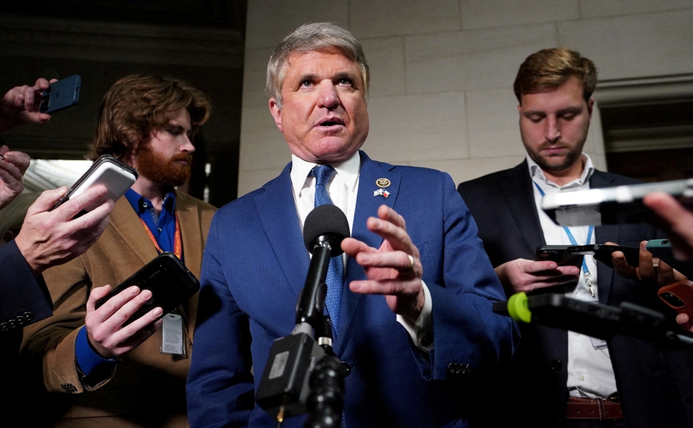 US Representative Michael McCaul (R-TX) speaks to reporters in the Longworth House office building on Capitol Hill in Washington, October 11, 2023. An army of Chinese-controlled social media bots is attempting to influence voters in Alabama, Texas and Tennessee, while denigrating US Senator Marco Rubio of Florida, according to new research published on Wednesday by Microsoft. — Reuters pic 