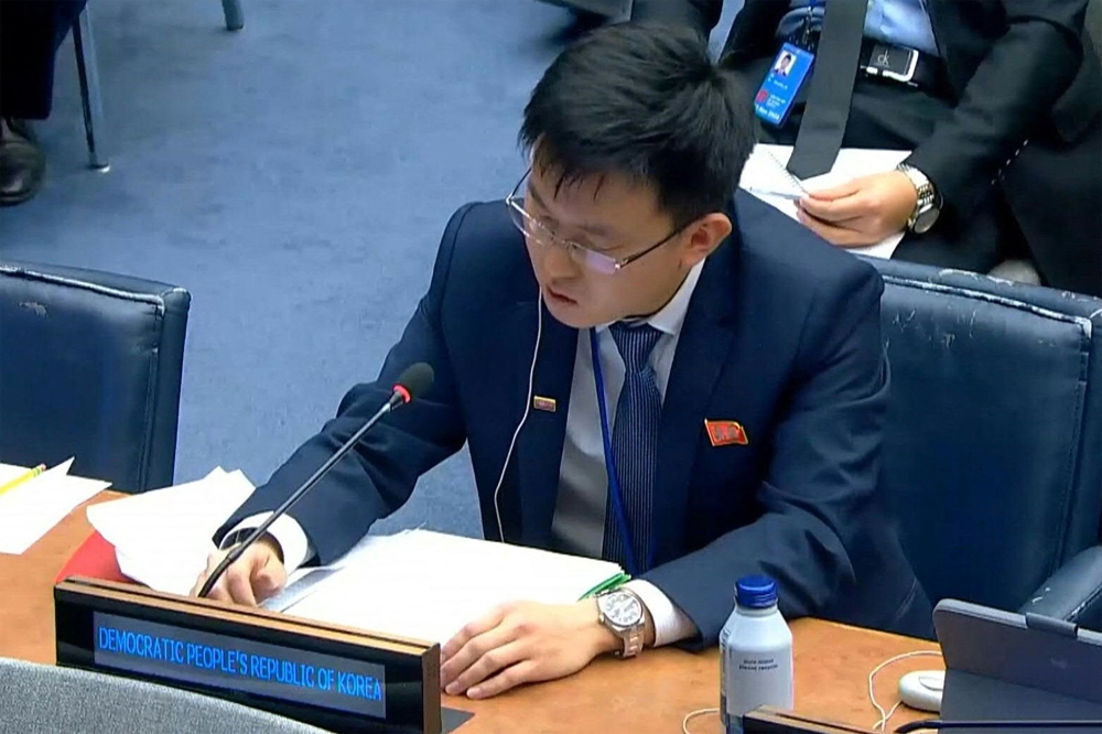 This frame grab made from a handout UNTV video taken on October 21, 2024 and released by AFPTV on October 22, 2024, shows a North Korean representative speaking at a committee meeting during the UN General Assembly in New York. — Handout pic via AFP