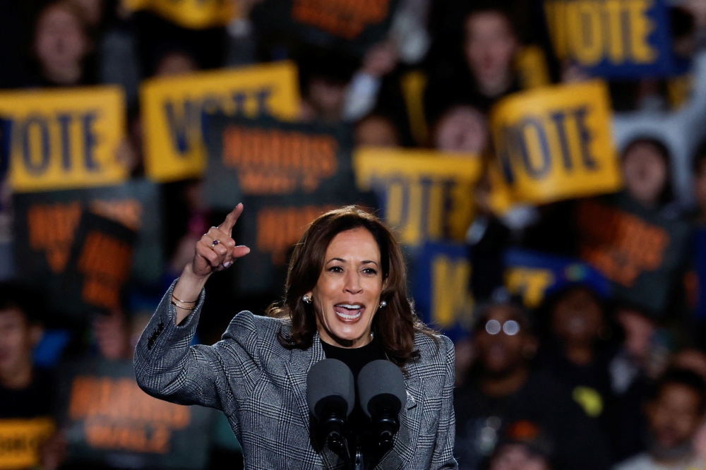 Democratic presidential nominee US Vice President Kamala Harris speaks during a campaign rally in Ann Arbor, Michigan October 28, 2024. — Reuters pic  