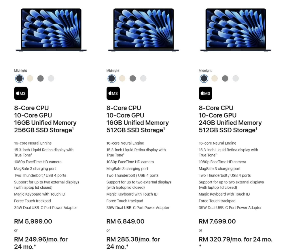 The pricing for MacBook Air 15 2024 (M3) in Malaysia. — Picture from SoyaCincau