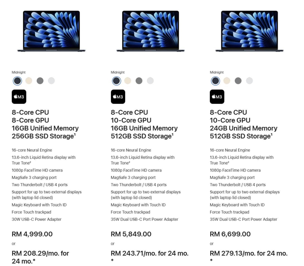 The pricing for MacBook Air 13 2024 (M3) in Malaysia. — Picture from SoyaCincau