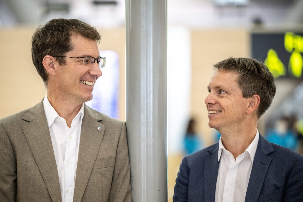 Kansai Airports Representative Director Co-CEO Benoit Rulleau (left) and Chief Commercial and Operational Officer of VINCI Airports Pierre-Hugues Schmit pose for pictures following an interview with AFP in Kansai International Airport of Osaka Prefecture. — AFP pic