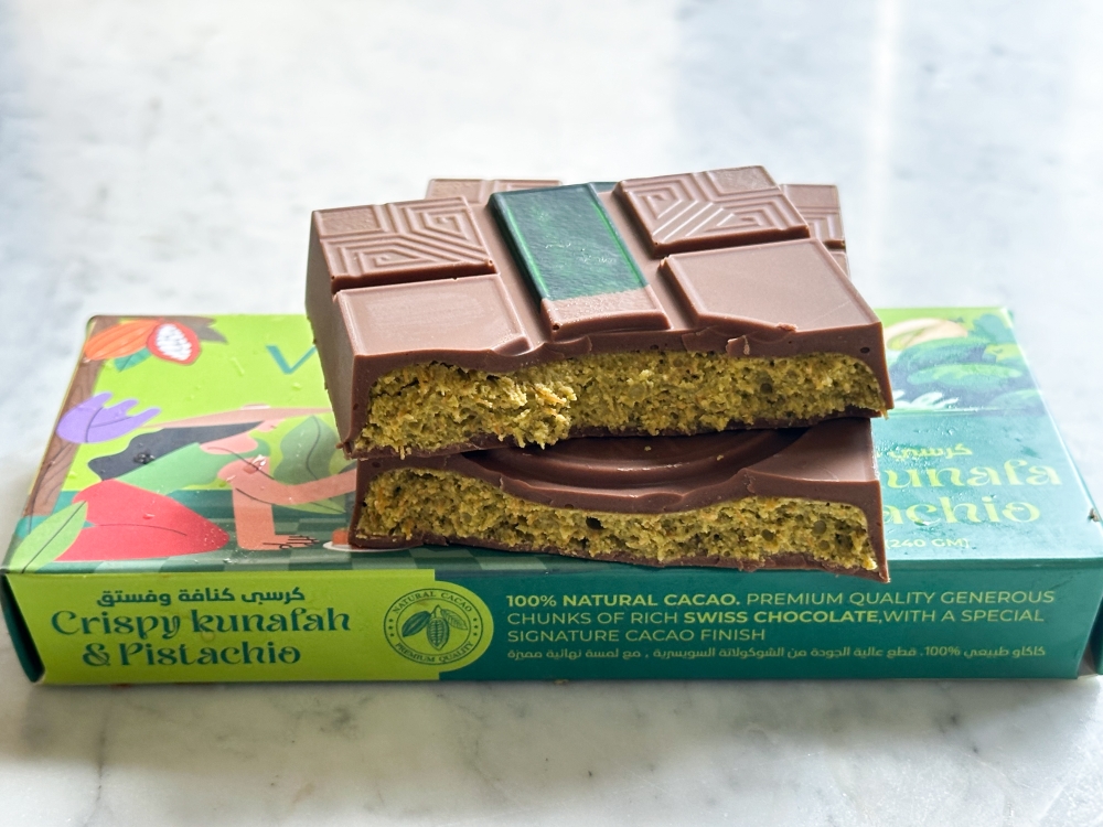 Vlinder Chocolate Crispy Kunafa & Pistachio offers a chunky bite with milk chocolate and pistachio ‘kunafa’ that remains crunchy for a long time. — Picture by Lee Khang Yi