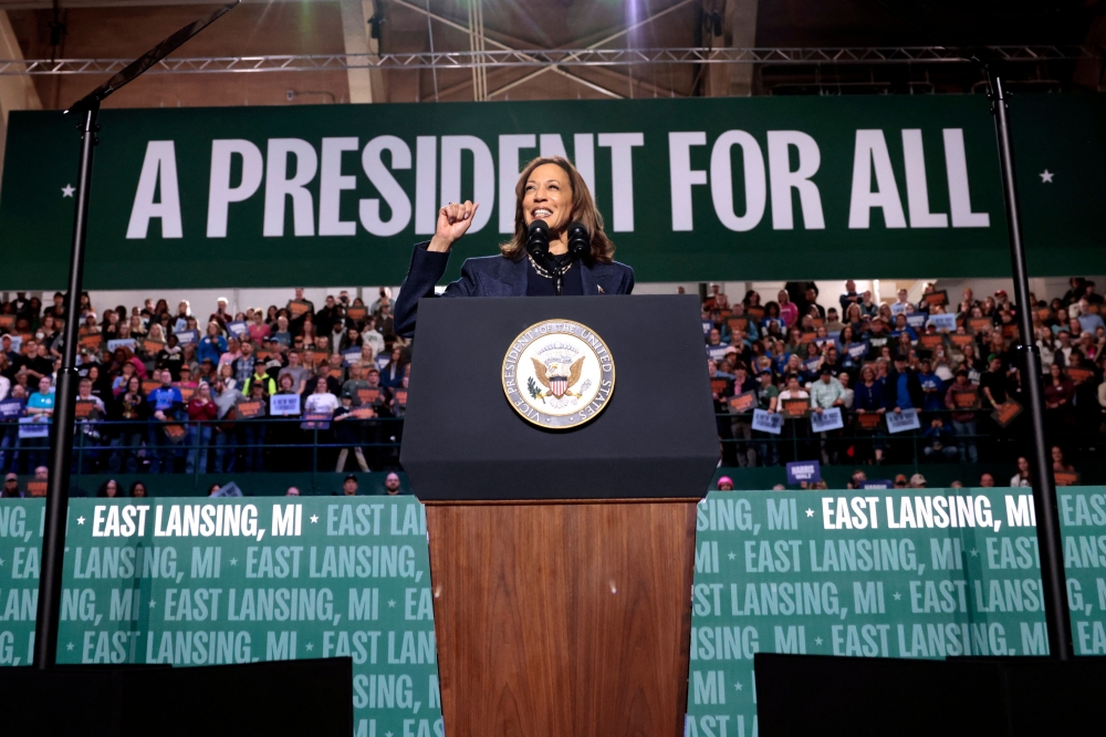 US Vice President and Democratic presidential nominee Kamala Harris speaks during a campaign rally at Michigan State University's Jenison Field House in East Lansing, Michigan, on November 3, 2024. — AFP pic