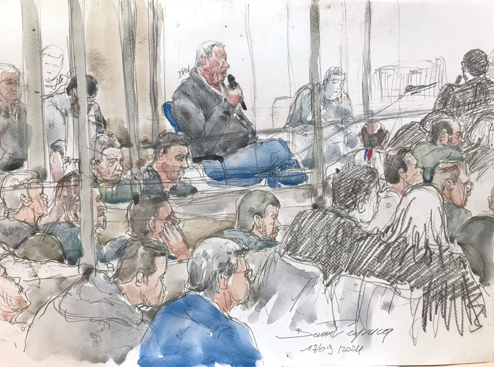 This court sketch created on September 17, 2024, shows defendant Dominique Pelicot during his trial in which he is accused of drugging his wife so he and scores of strangers could rape her at their home in Mazan, a small town in the south of France, at the courthouse of Avignon in Avignon. — AFP pic