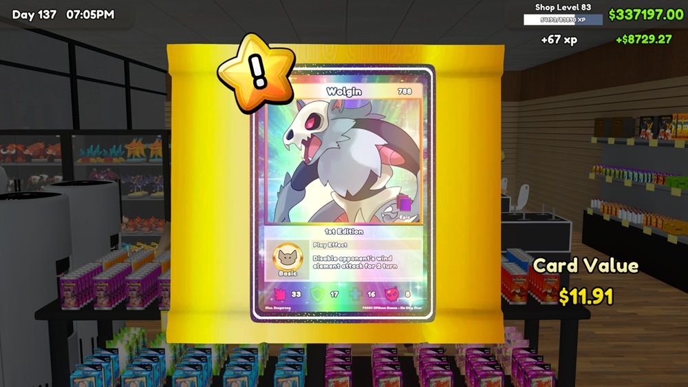 The ‘card pulling’ where players open their own packs of collectible Tetramon cards, with a chance of getting a rare and expensive one that can be later resold as individual cards or kept as a personal collection. — Picture via Steam/TCG Card Shop Simulator