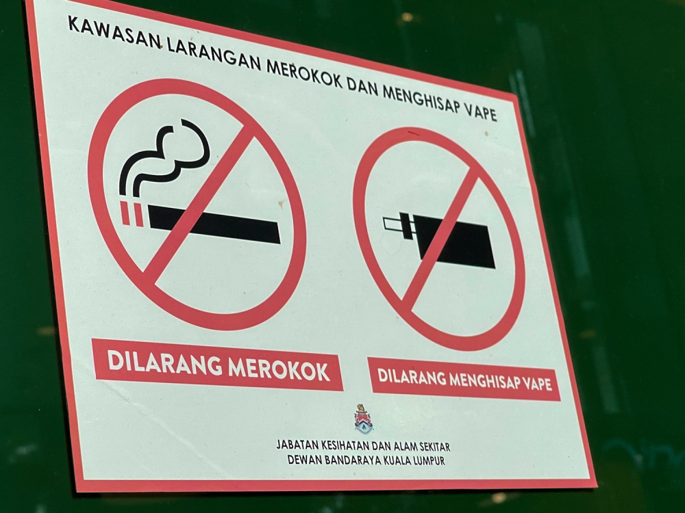 A file photograph shows a sign prohibiting smoking and vaping at Cheras Velocity Mall in Kuala Lumpur on August 3, 2022. — Picture by Devan Manuel