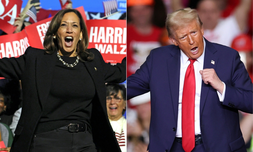 US Vice President and Democratic presidential candidate Kamala Harris (R) walks on stage as she arrives for a campaign rally at the Carrie Blast Furnaces National Historic Landmark outside Pittsburgh, in Rankin, Pennsylvania on November 4, 2024, and former US President and Republican presidential candidate Donald Trump dances on stage after speaking at a campaign rally at PPG Paints Arena in Pittsburgh, Pennsylvania on November 4, 2024. — AFP pic