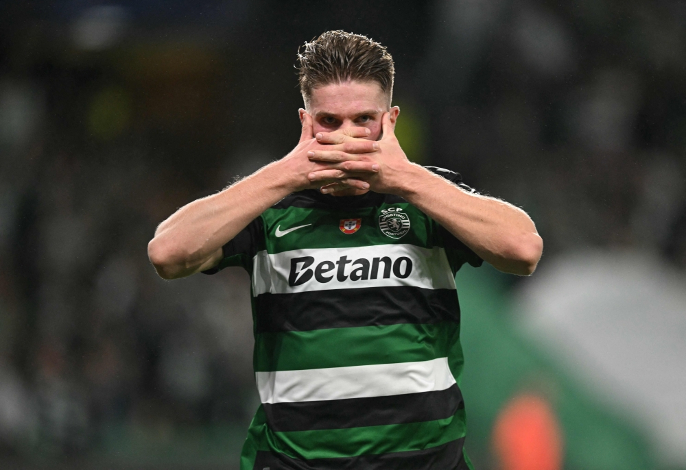 Sporting Lisbon’s Viktor Gyokeres celebrates scoring his team’s first goal during the Uefa Champions League match with Manchester City in Lisbon November 5, 2024. — AFP pic