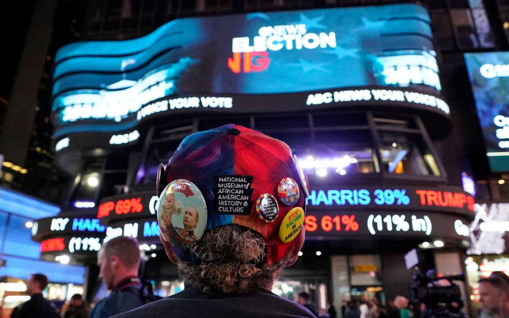 People watch election results at Times Square in New York November 5, 2024. — AFP pic