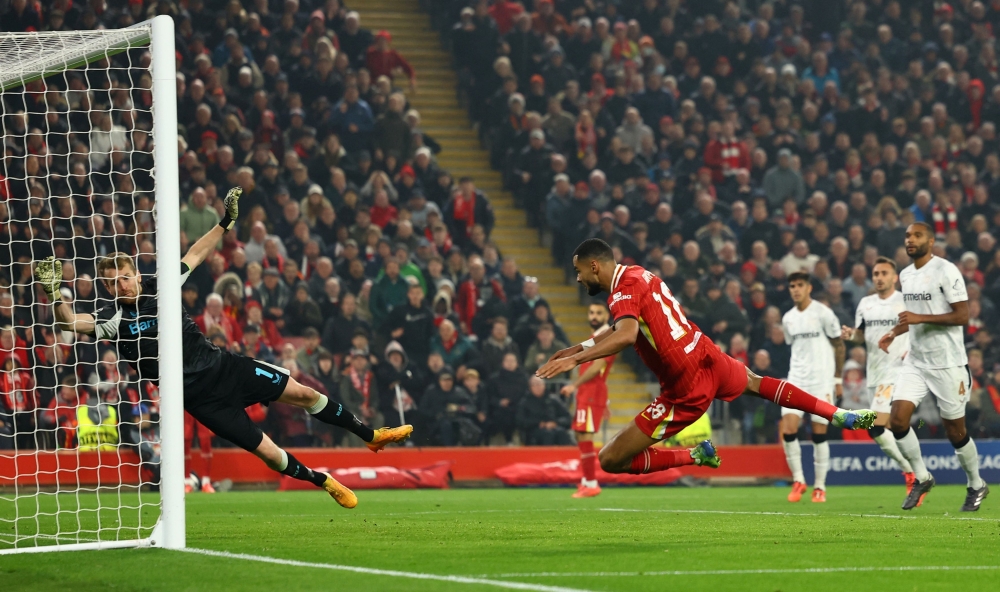 Liverpool’s Cody Gakpo scores their second goal during the Uefa Champions League match with Bayer Leverkusen in Liverpool November 5, 2024. — Reuters pic