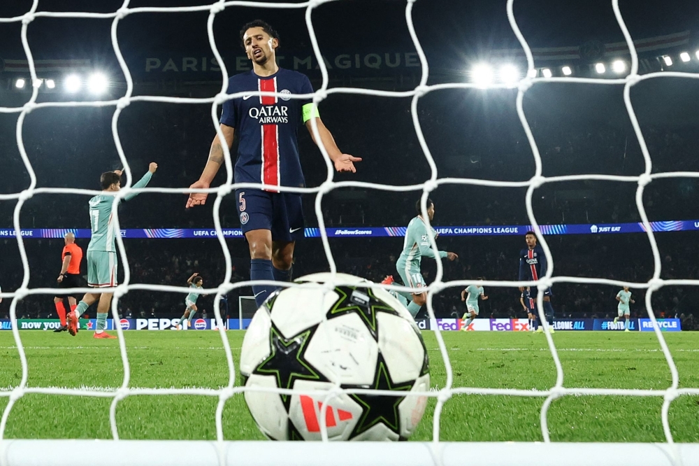 Paris Saint-Germain’s Marquinhos reacts after Atletico scores during their Uefa Champions League at the Parc des Princes stadium in Paris November 6, 2024. — AFP pic