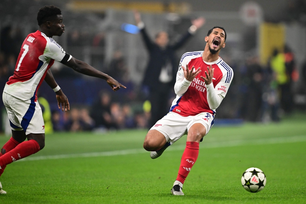 Arsenal’s William Saliba reacts during the Uefa Champions League match with Inter Milan at the San Siro stadium in Milan November 6, 2024. — AFP pic