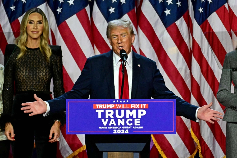 US president-elect Donald Trump speaks during an election night event in West Palm Beach, Florida, November 6, 2024. — AFP pic