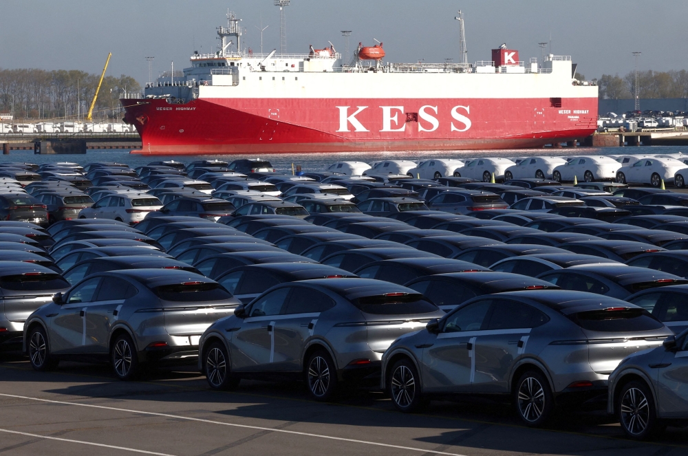 New China-built electric vehicles of the company Xpeng are seen parked in the port of Zeebrugge, Belgium, October 24, 2024. — Reuters pic  