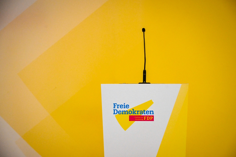 A lectern is seen outside the FDP (Free Democrats) party parliamentary group offices at the Bundestag, Germany's lower house of parliament in Berlin, on November 7, 2024. — AFP pic