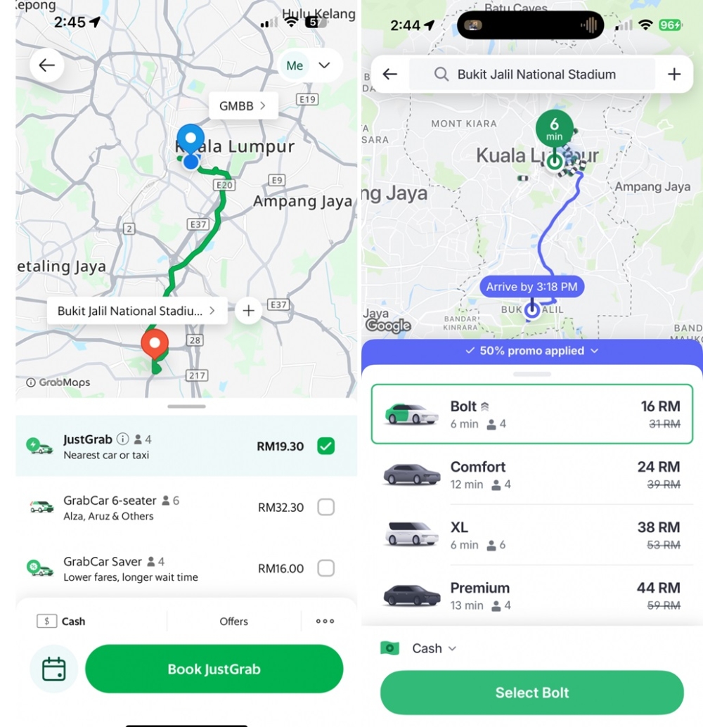 The price comparison between Grab and Bolt, with discount applied. — SoyaCincau pic