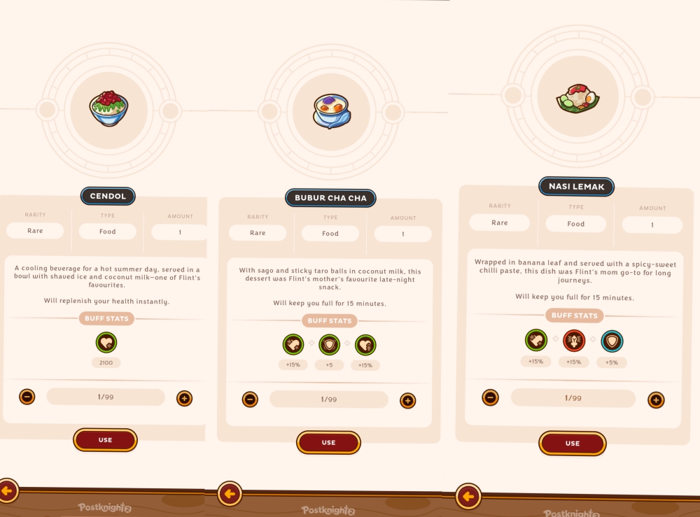 Screenshot of limited time specials featuring Malaysian food in Postknight 2. — Picture courtesy of P’ng Yi Wei