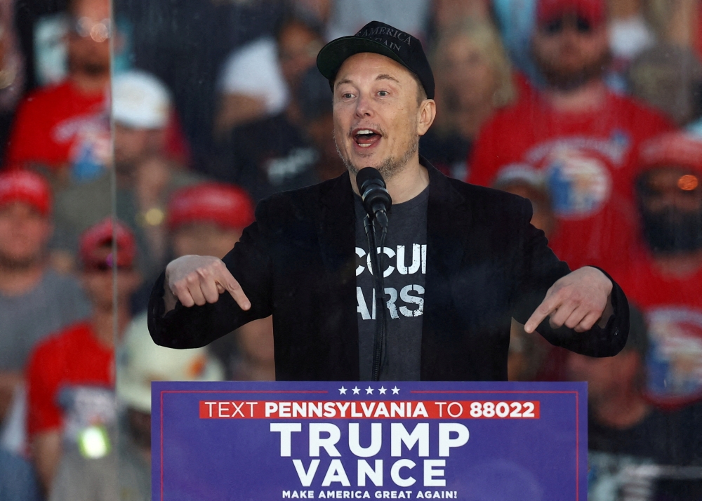 A file photograph shows Tesla CEO and X owner Elon Musk at a rally for Republican presidential nominee and former US president Donald Trump, in Butler, Pennsylvania, US, October 5, 2024. — Reuters pic