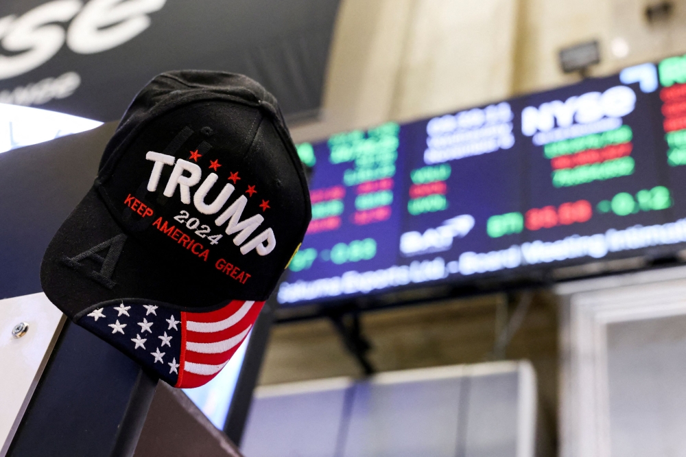 A view shows a hat in support of Republican Donald Trump, after he won the US presidential election, at the New York Stock Exchange (NYSE) in New York November 6, 2024. — Reuters pic