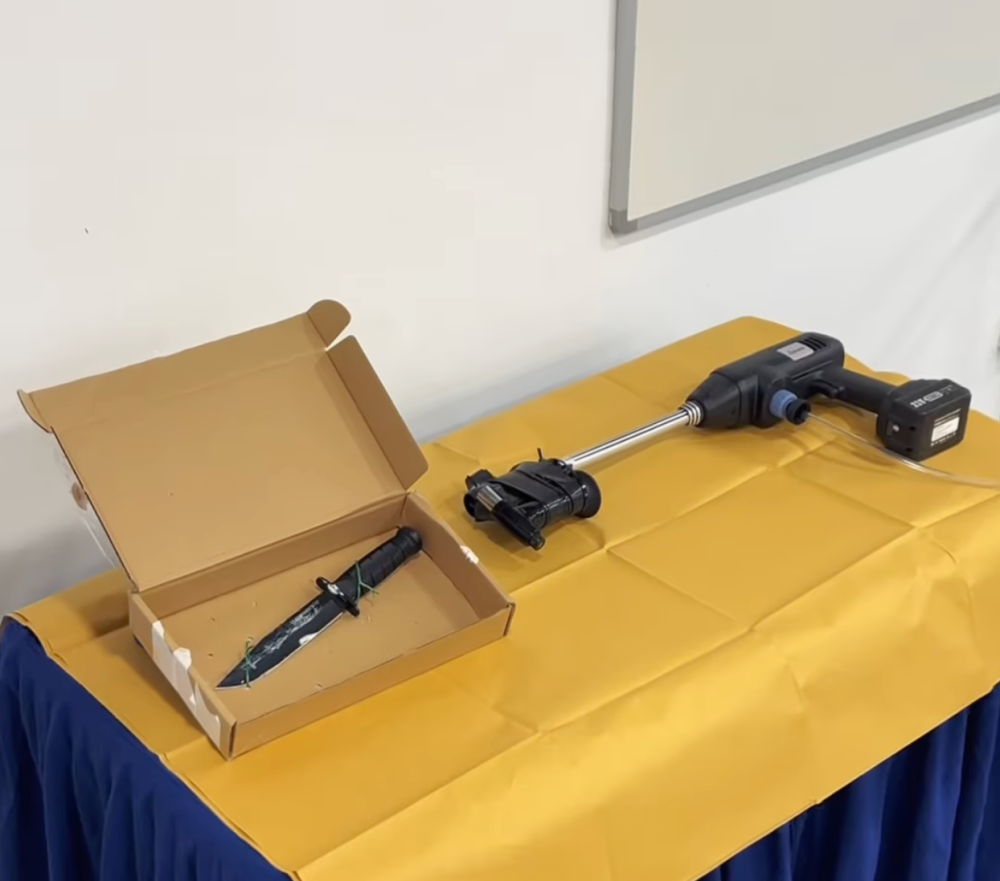 A screenshot from a Singapore Police Force press conference conducted yesterday showing the weapons seized from the suspect in the Pasir Ris Park incident.