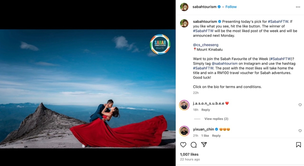 The couple's picturesque shots were featured by Sabah's own tourism agency. — Picture via Instagram/Sabah Tourism via @cs_cheeseng