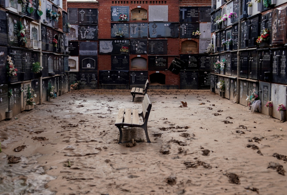 Mud is seen in a cemetery in the aftermath of the flooding caused by heavy rains in Alfafar, Spain November 8, 2024. — AFP pic