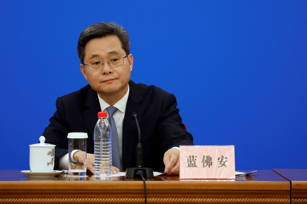 Chinese Finance Minister Lan Foan attends a press conference about a bill on raising ceilings on local government debt, at the Great Hall of the People in Beijing, China November 8, 2024. — Reuters pic  