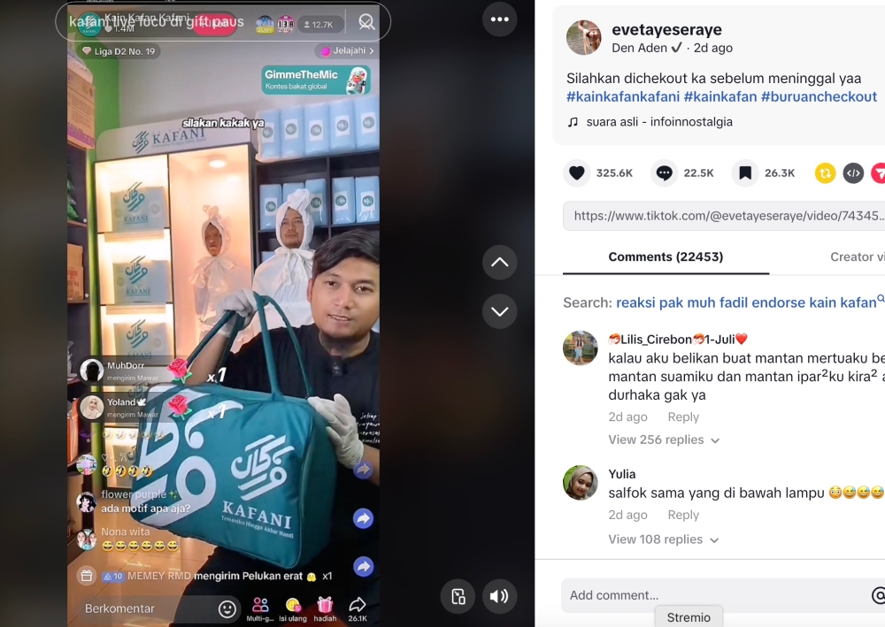 Many viewers of the 'kain kafan' seller's live were unable to hold in their laughter despite the serious subject matter. — TikTok screenshot