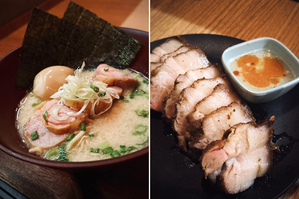 Shiro Ramen with Smoked Chicken Roll (left). Grilled Pork Belly (right).